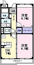 インヴィテ・ボヌール2番館 2DKの間取図画像