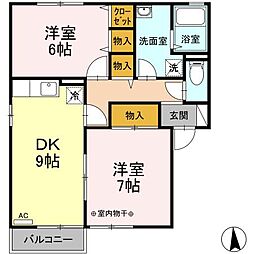 コーポミズーリB 2DKの間取図画像