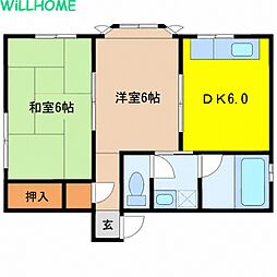 アーネスハイツわか 2DKの間取図画像