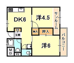 エスペランサ魚崎西棟 2DKの間取図画像