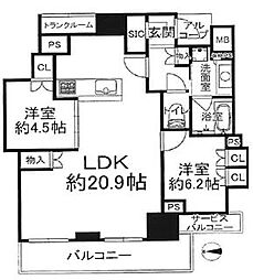 プラウドタワー北浜 2LDKの間取図画像