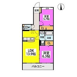 プレジデント正弥小郡 2LDKの間取図画像