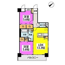 シグレア下大利 2LDKの間取図画像