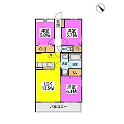 モデスティ筥松 3LDKの間取図画像