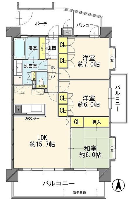 3LDK、価格1640万円、専有面積75.24m2、バルコニー面積21.48m2