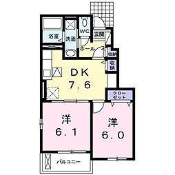 ラ・パルフェB 2DKの間取図画像