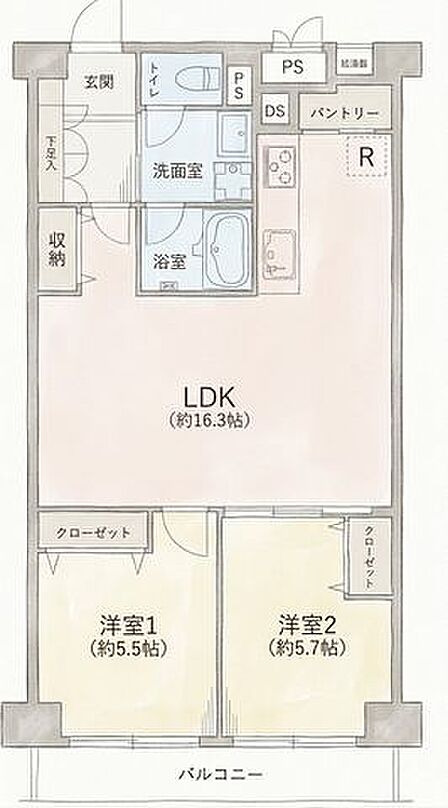 LDKを中心に2つの洋室が配置された、使いやすい2LDKの間取り。家族それぞれの時間と、一緒に過ごす時間をバランスよく楽しめそうです。