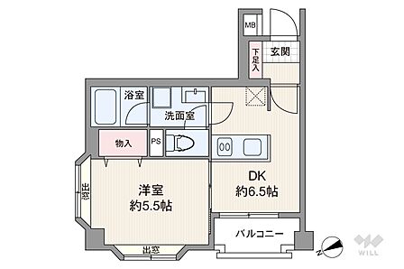 間取りは専有面積32.16平米の1DK。バルコニー面積は2.43平米です。