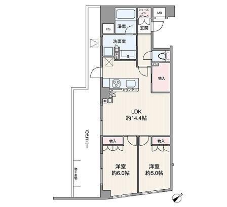 間取りは専有面積59.71平米の2LDK。LDK約14.4帖のセンターリビングのプラン。バルコニー面積は17.32平米です。