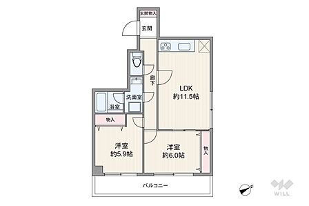 間取りは専有面積55.99平米の2LDK。LDK約11.5帖のプラン。バルコニー面積は8.5平米(概算)です。