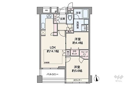 間取りは専有面積60.05平米の2LDK。バルコニー面積は6.27平米です。
