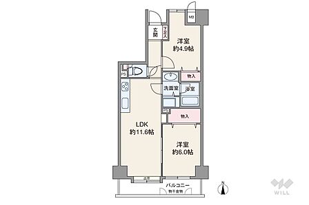 間取りは専有面積53.59平米の2LDK。LDK約11.6帖の縦長リビングのプラン。バルコニー面積は6.1平米です。