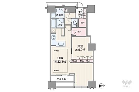 間取りは専有面積70.75平米の1LDK。バルコニー面積は4.11平米です。