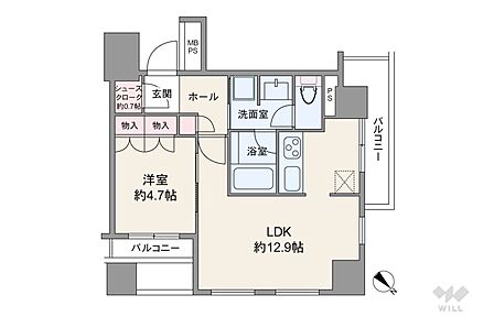 間取りは専有面積43.08平米の1LDK。LDK約12.9帖のプラン。複数方向に採光部があり、バルコニー面積は8.77平米です。