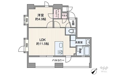 間取りは専有面積38.84平米の1LDK。LDK約11.5帖のプラン。バルコニー面積は9.3平米です。