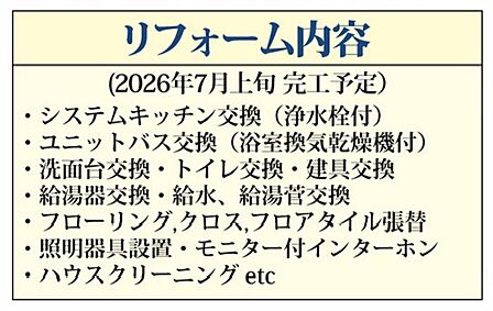 本物件の充実したリフォーム実施内容をまとめたご案内です。室内が美しく生まれ変わったこだわりの仕様をご確認いただけますので、ぜひ内見の際の大切なチェックポイントとしてご参考にしてください。