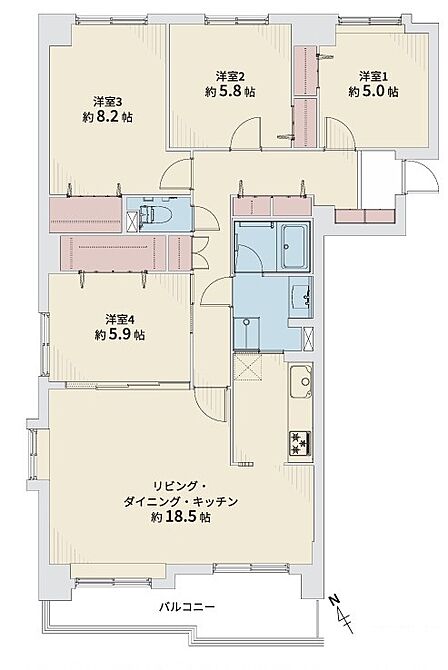専有面積99.92m2のゆとりある4LDK。約18.5帖の広々LDKを中心に、4つの洋室を配置。全居室に収納を備えご家族それぞれの個室もしっかり確保できます。角部屋ならではの開放感も魅力の住まいです。