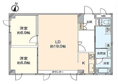 約19.0帖の広々LDが魅力の2LDK。洋室は約6.9帖・約6.8帖を確保し、ゆとりある住空間です。防音室仕様の洋室付きで、音楽や趣味にも活用可能。水回りがまとまり、家事動線にも配慮された間取りです。