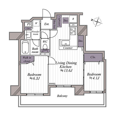 2LDK、価格3480万円、専有面積55.27m2、バルコニー面積11.45m2