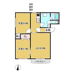 ピュアライフ弐番館 2LDKの間取図画像