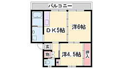 ビレッジハウス柏原1 2DKの間取図画像