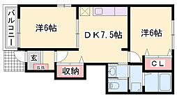 ツインハウスオークB棟 2DKの間取図画像
