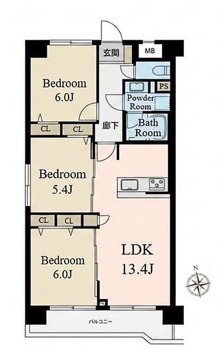 約10.5帖のLDKを中心に、約6帖・約5.4帖・約6帖の洋室を配置した3LDKプラン。各居室に収納を備えており、家族それぞれの空間を確保しながら、すっきり暮らせる間取りです。