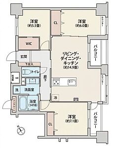 間取り:間取図LDK約14.9帖に洋室5.5帖・6.0帖・7.1帖を配した77.65m2の3LDK。2面バルコニーで、ウォークスルークローゼットやトランクルームなど収納も充実した間取りです。 間取り:間取図LDK約14.9帖に洋室5.5帖・6.0帖・7.1帖を配した77.65m2の3LDK。2面バルコニーで、ウォークスルークローゼットやトランクルームなど収納も充実した間取りです。