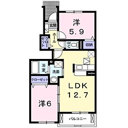 ガーデンヒル西里 2LDKの間取図画像