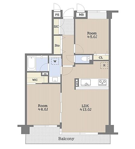 専有面積56.85m2!南向きに確保されたお部屋には陽光が燦々と差し込み、お部屋の奥まで陽光が届きます。いつでも明るい空間が広がる2LDK設計です。