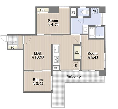 3LDK、価格4299万円、専有面積53.01m2、バルコニー面積9.59m2 間取りになります！LDKは10.9帖のため、ゆとりかつ開放感を感じることはできます！
