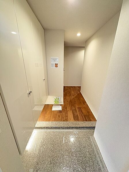 玄関は、人感センサー付き照明。買い物で両手がふさがっていても、自動的に明かりが付く優れもの。