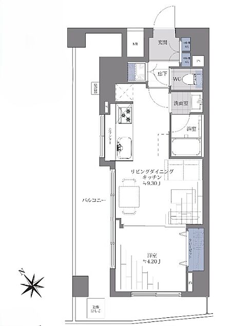 1LDK(専有面積33.72平米、テラス面積5.34平米、ルーフテラス11.92平米)