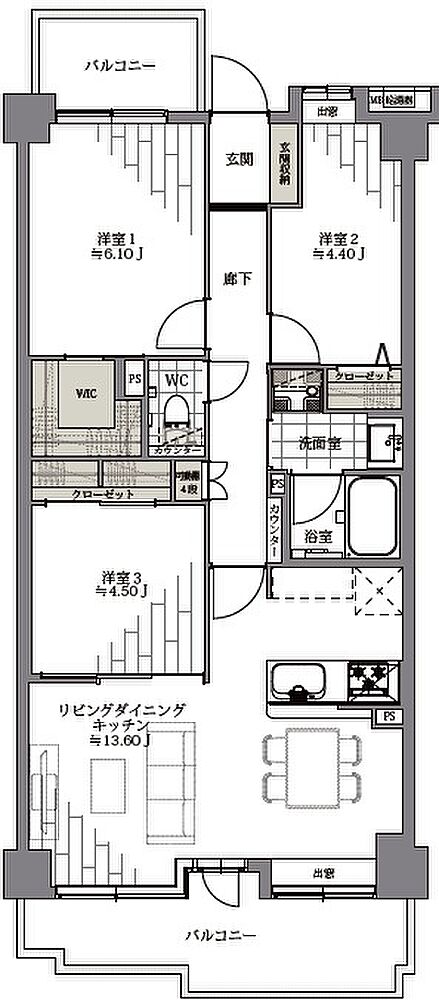 3LDK+WIC(専有面積64.96平米、バルコニー13.65平米、ポーチ3.74平米)