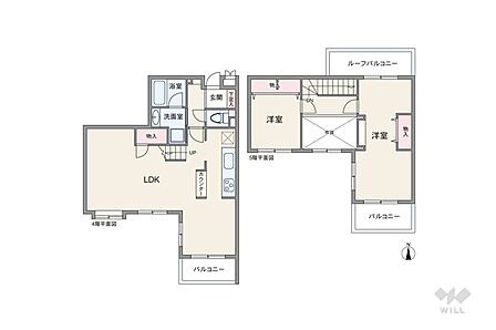 間取りは専有面積86.68平米の2LDK。メゾネットのプラン。複数方向に採光部があり、バルコニー面積は14.14平米です。