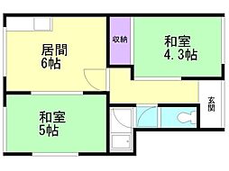 太陽住宅 2DKの間取図画像