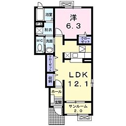 グロワールE 1階1LDKの間取り