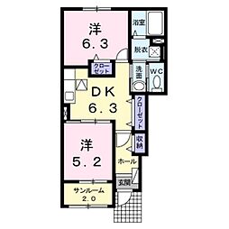 ハッピーフィールドつばき館 2DKの間取図画像
