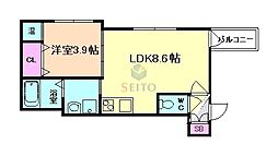 グランディル三津屋中 1LDKの間取図画像