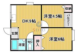刀根ヒルズハイツ 2DKの間取図画像