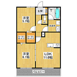 レジデンス二の宮 3階2LDKの間取り