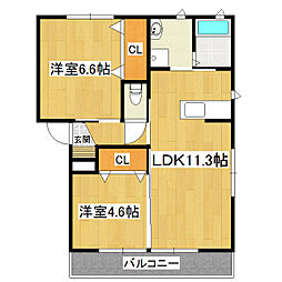 プラテリーアH棟 2LDKの間取図画像