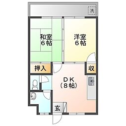 タカダ末吉共同住宅3号棟 2階2DKの間取り