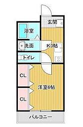 ひなたレジデンス 2階1Kの間取り