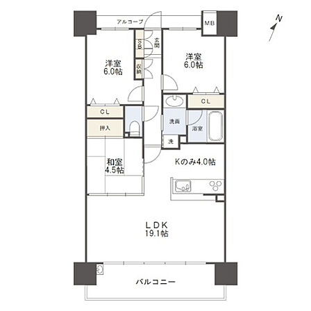 LDK約19.1帖、和室4.5畳、洋室約6.0帖、約6.0帖。