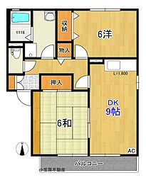 グリーンハイツ東久万 2DKの間取図画像