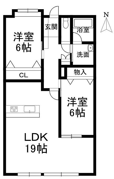 開放感あふれる19帖の大空間LDKが魅力的。各居室にクローゼットや物入を完備した、収納豊富な間取りです。