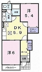 サンフラワー・ヒルズD 2DKの間取図画像
