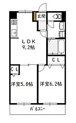 T.Sグランデ恒久中央 4階2LDKの間取り