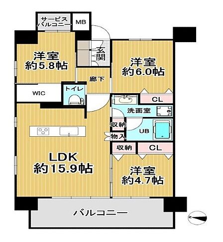 3LDK(洋 6・5.8・4.7 / LDK 15.9)